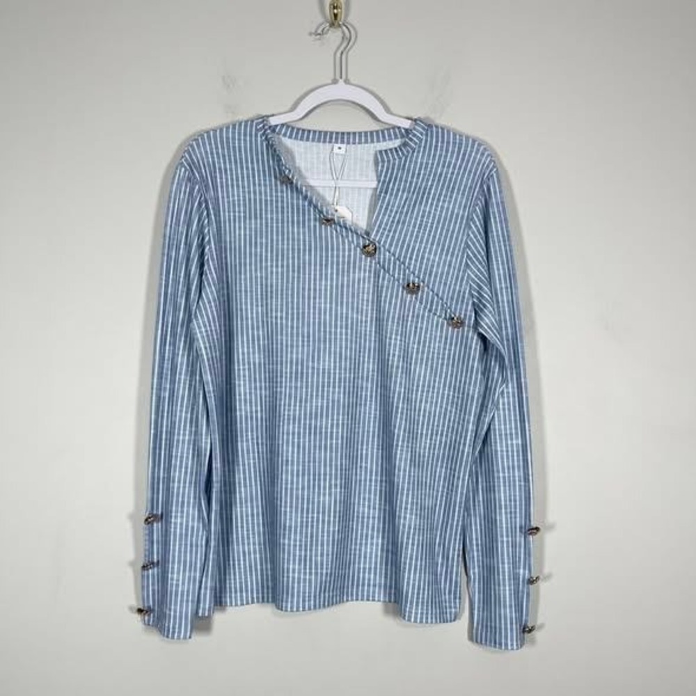 Striped Asymmetrical Coastal Button Top Wmns Med Blue White LS‎ Blouse Preppy